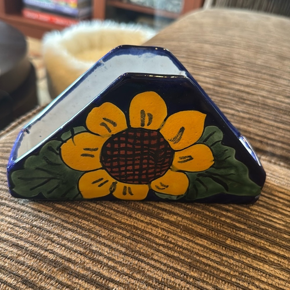 Mexican Talavera Pottery Sunflower Napkin Holder Signed Ulises